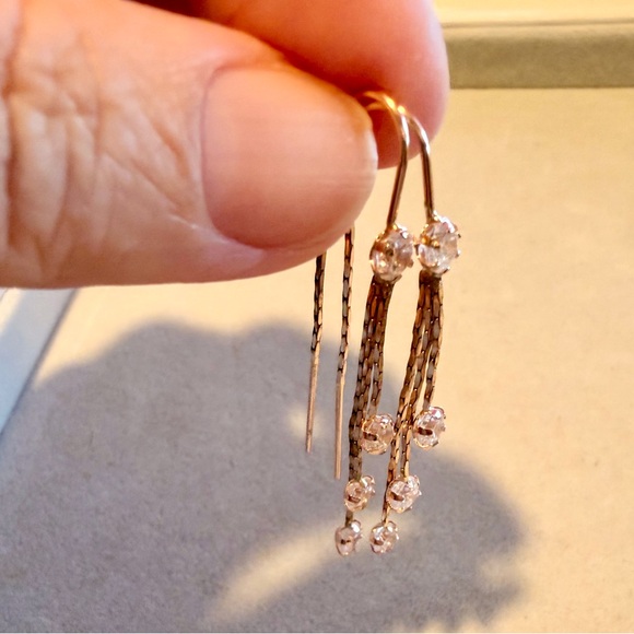 14K Rose Gold Drop Threader Earrings with Crystal Accents - Picture 3 of 5